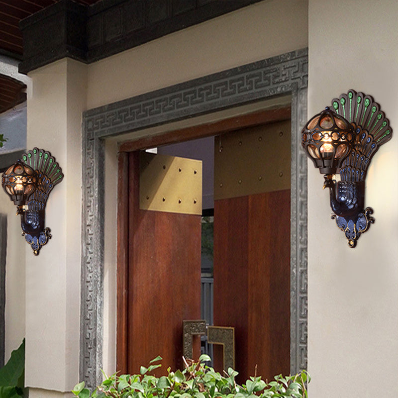 Skørter | Clear Glass Sphere Wall Light Classic 1 Head Courtyard Wall Lighting with Peacock Backplate in Black