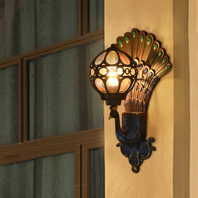 Skørter | Clear Glass Sphere Wall Light Classic 1 Head Courtyard Wall Lighting with Peacock Backplate in Black