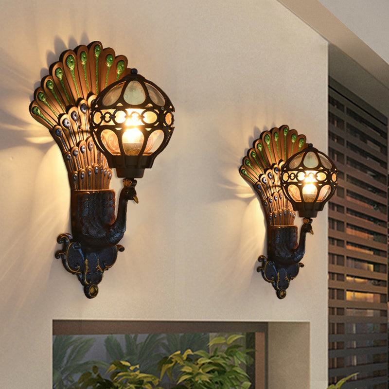 Skørter | Clear Glass Sphere Wall Light Classic 1 Head Courtyard Wall Lighting with Peacock Backplate in Black