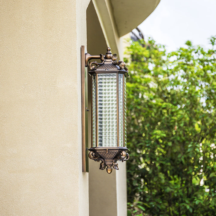 Skørter | Bronze Rectangular Wall Mount Light Traditional Grid Glass Single Courtyard Wall Lamp Fixture