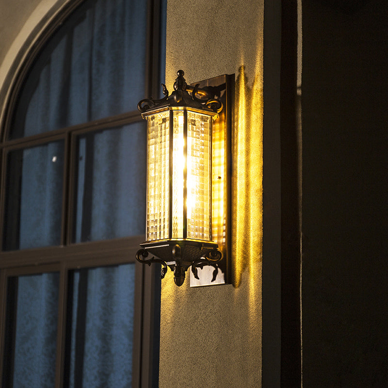 Skørter | Bronze Rectangular Wall Mount Light Traditional Grid Glass Single Courtyard Wall Lamp Fixture