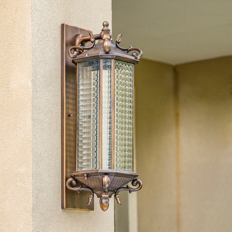 Skørter | Bronze Rectangular Wall Mount Light Traditional Grid Glass Single Courtyard Wall Lamp Fixture