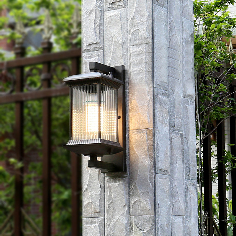 Skørter | Rectangular Pleated Glass Wall Lamp Rustic 1 Lamp Cord Courtyard Wall Light Fixture in Coffee