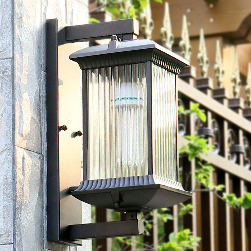 Skørter | Rectangular Pleated Glass Wall Lamp Rustic 1 Lamp Cord Courtyard Wall Light Fixture in Coffee