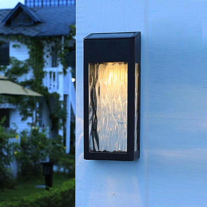 Skørter | Rectangular Ripple Glass Solar Wall Lamp Vintage Outdoor LED Wall Mounted Light in Black