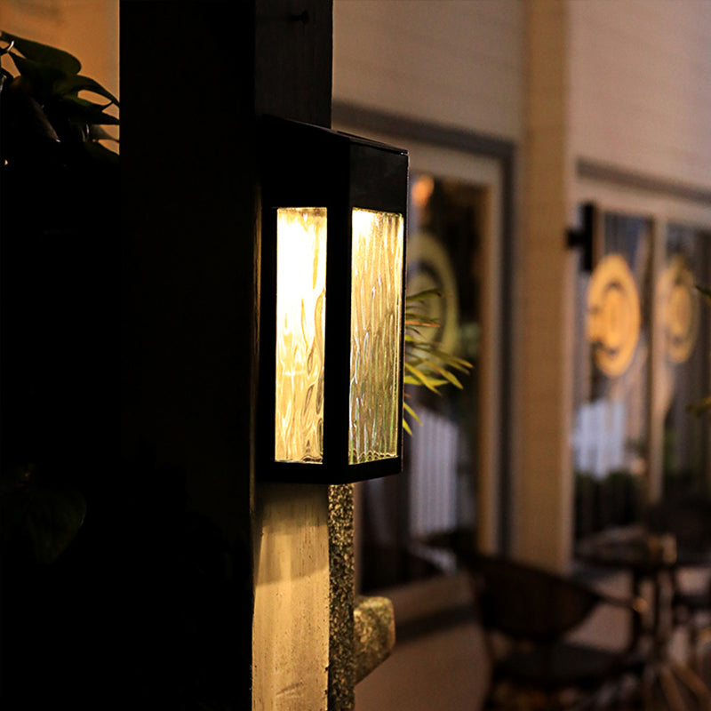 Skørter | Rectangular Ripple Glass Solar Wall Lamp Vintage Outdoor LED Wall Mounted Light in Black