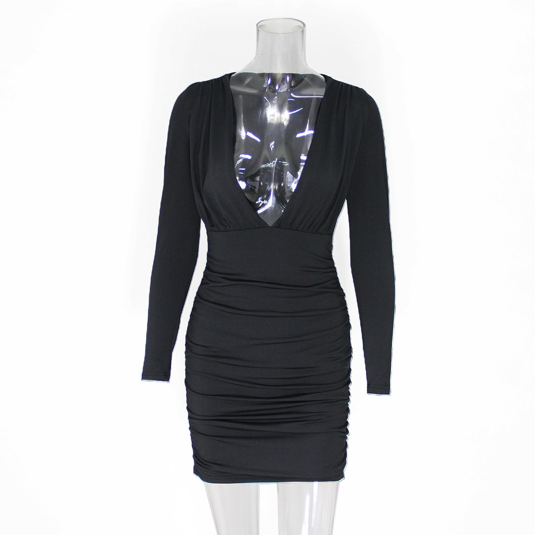 Damen figurbetontes Abendkleid mit tiefem V-Ausschnitt und langen Ärmeln Lisslune