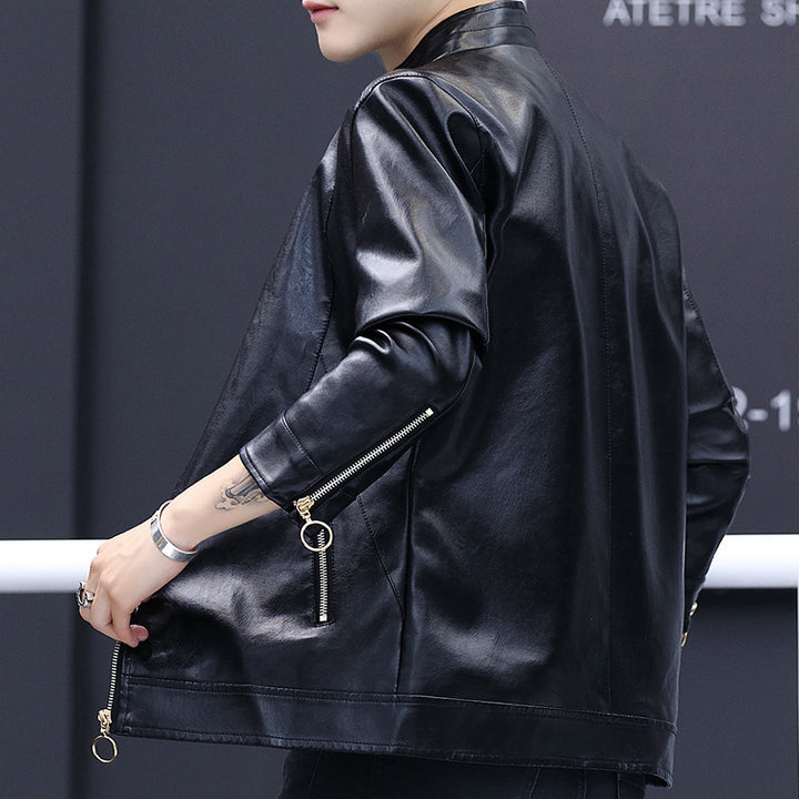 Men's Elegant Synthetic Leather Jacket with Asymmetrical Zipper and Side Pockets Lisslune