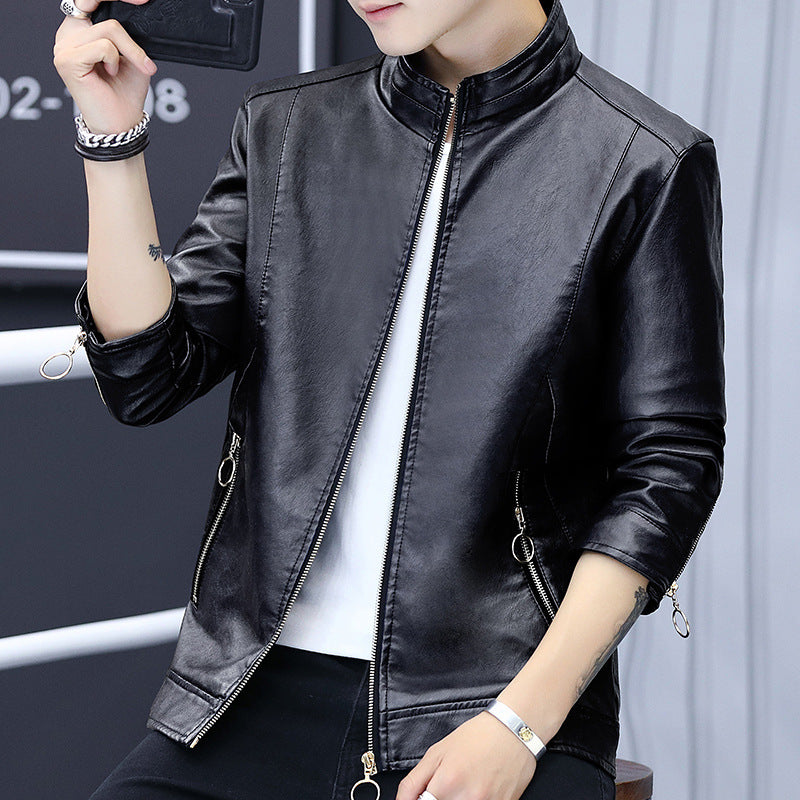 Men's Elegant Synthetic Leather Jacket with Asymmetrical Zipper and Side Pockets Lisslune