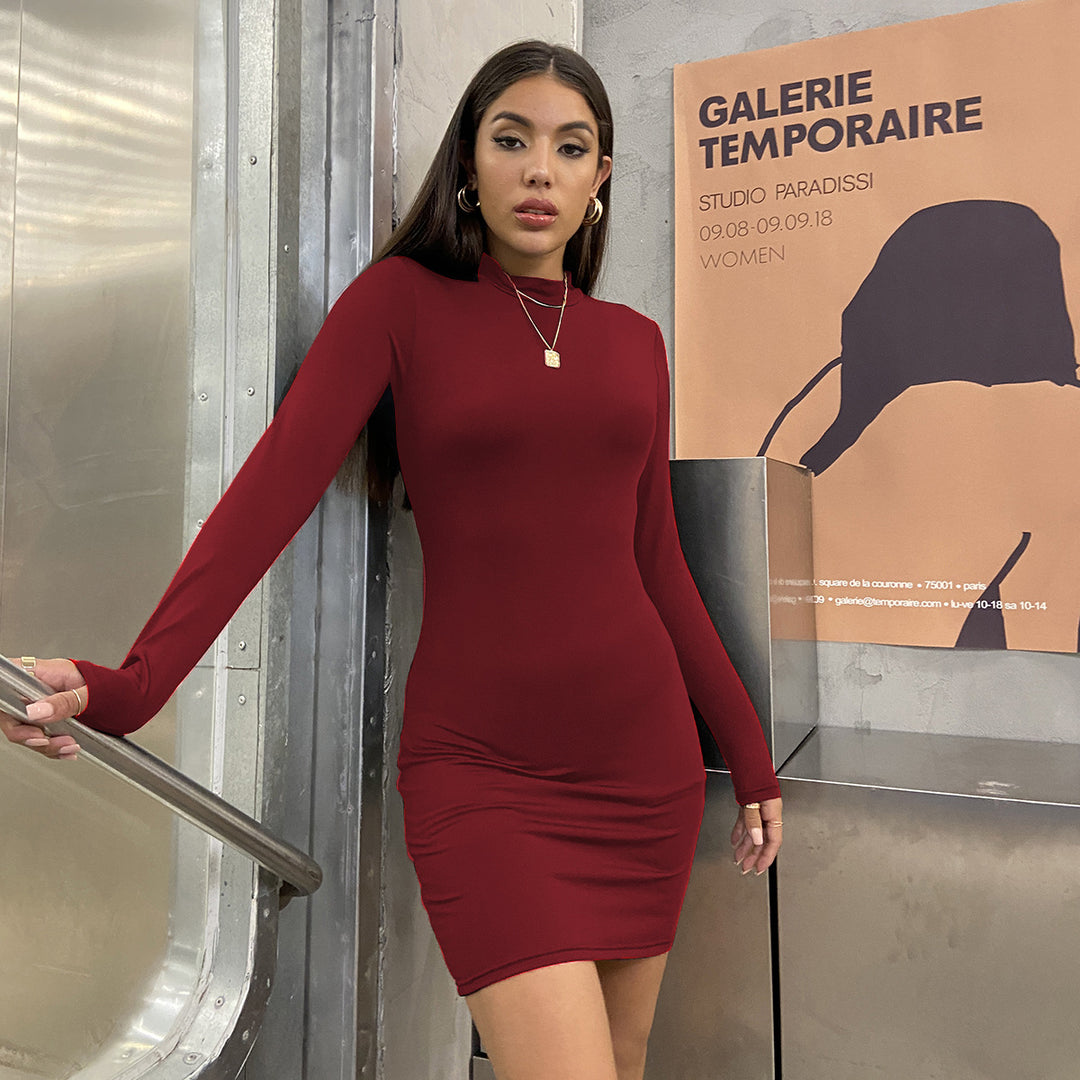 Damen Figurbetontes Langarmkleid mit hohem Kragen Lisslune