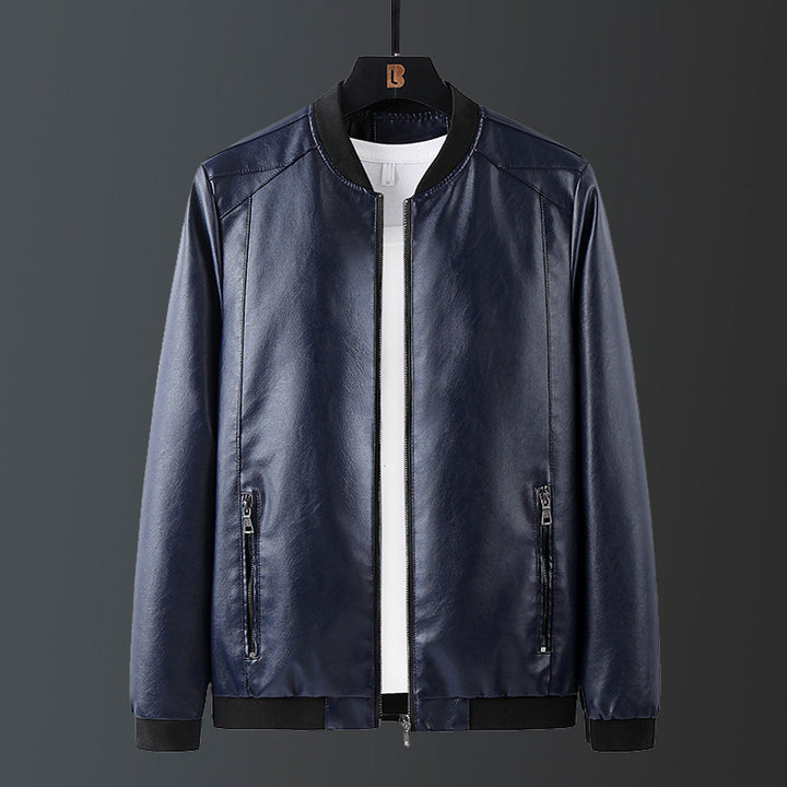 Men's Stylish Synthetic Leather Jacket with Ribbed Hem Lisslune