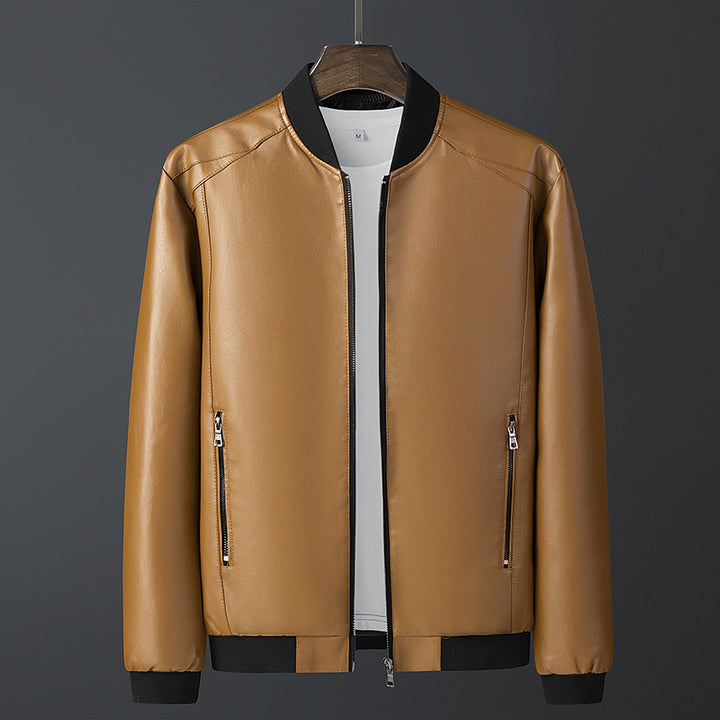 Men's Stylish Synthetic Leather Jacket with Ribbed Hem Lisslune