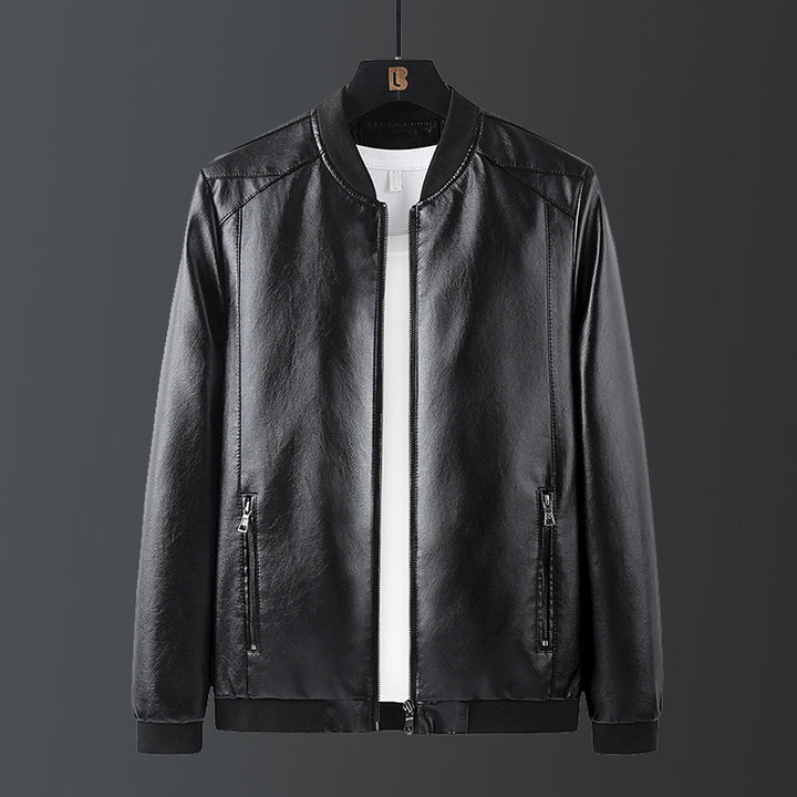 Men's Stylish Synthetic Leather Jacket with Ribbed Hem Lisslune