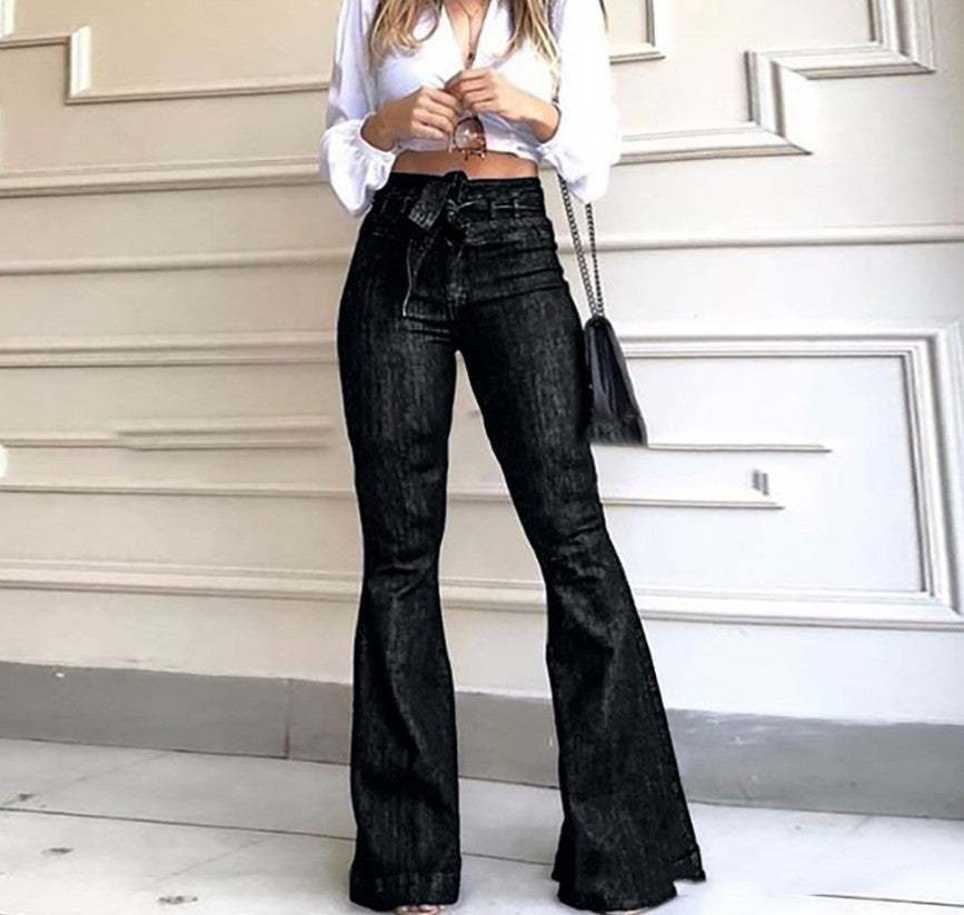 Women's High-Cut Flared Jeans with Stylish Belt and Frayed Hem Lisslune