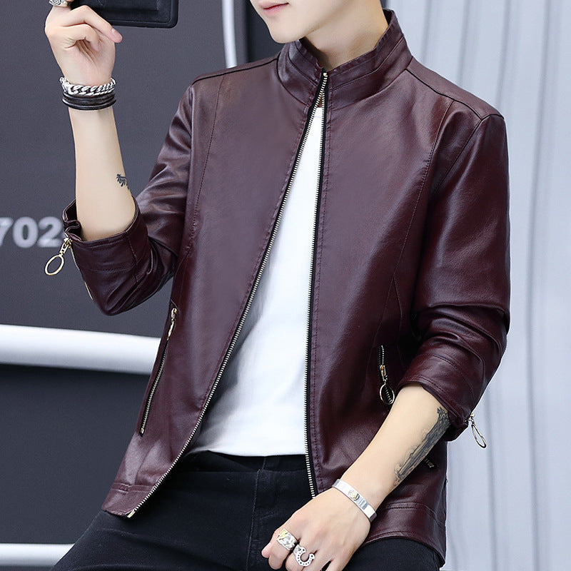 Men's Elegant Synthetic Leather Jacket with Asymmetrical Zipper and Side Pockets Lisslune