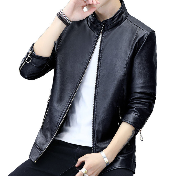 Men's Elegant Synthetic Leather Jacket with Asymmetrical Zipper and Side Pockets Lisslune