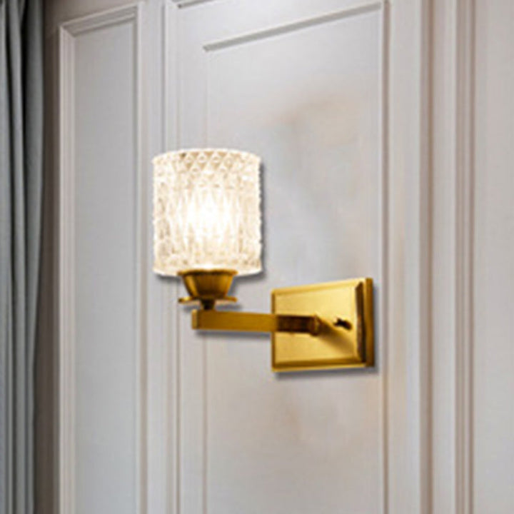 Lisslune | Cylinder-shaped Wall Light Modern Grid Glass Brass Wall Lighting for Corridor