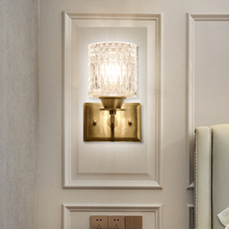Lisslune | Cylinder-shaped Wall Light Modern Grid Glass Brass Wall Lighting for Corridor