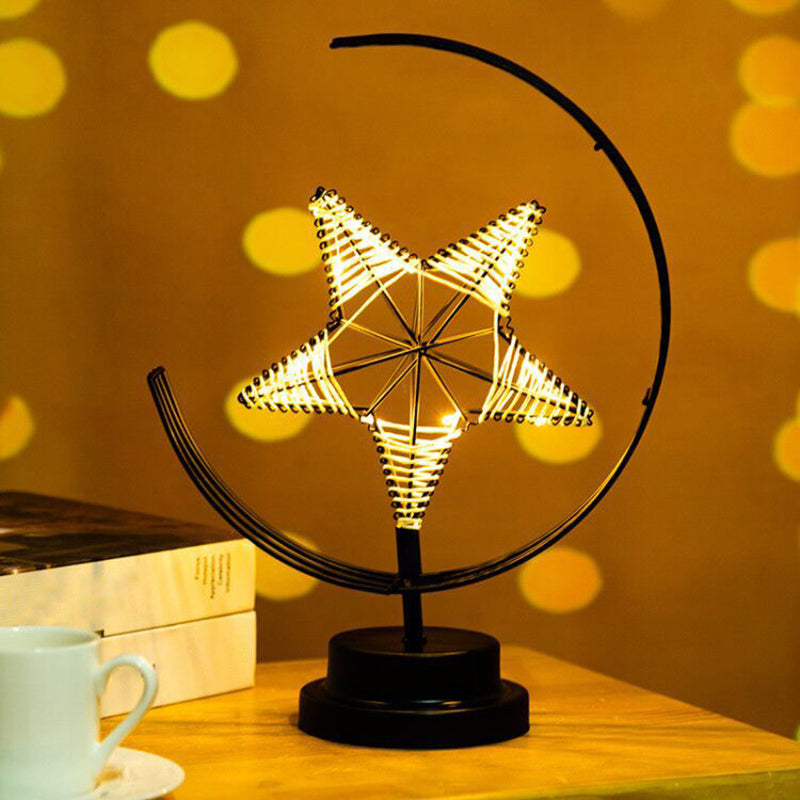 Skørter | Stars and Moon Metallic Battery Table Lighting Art Decor Black LED Nightstand Lamp for Bedroom