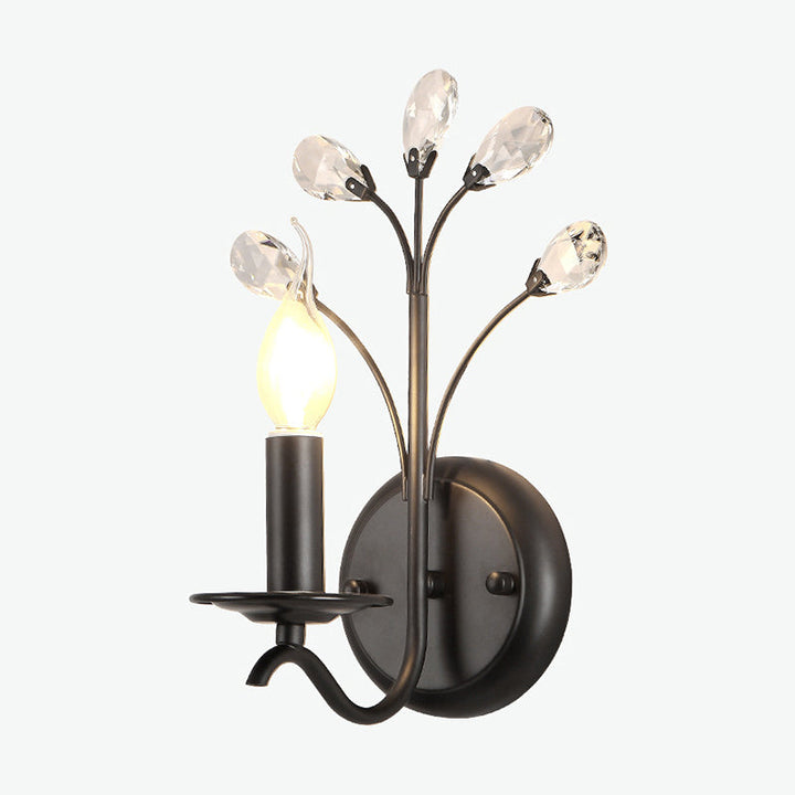 Skørter | Single-Lamp Candle Wall Lamp Farmhouse Black Metal Wall Light with Crystal Branch