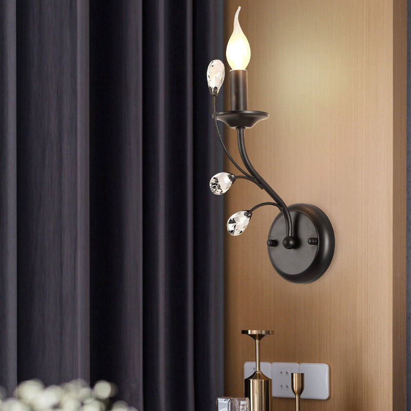 Skørter | Single-Lamp Candle Wall Lamp Farmhouse Black Metal Wall Light with Crystal Branch