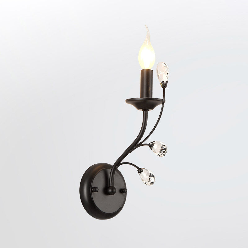 Skørter | Single-Lamp Candle Wall Lamp Farmhouse Black Metal Wall Light with Crystal Branch