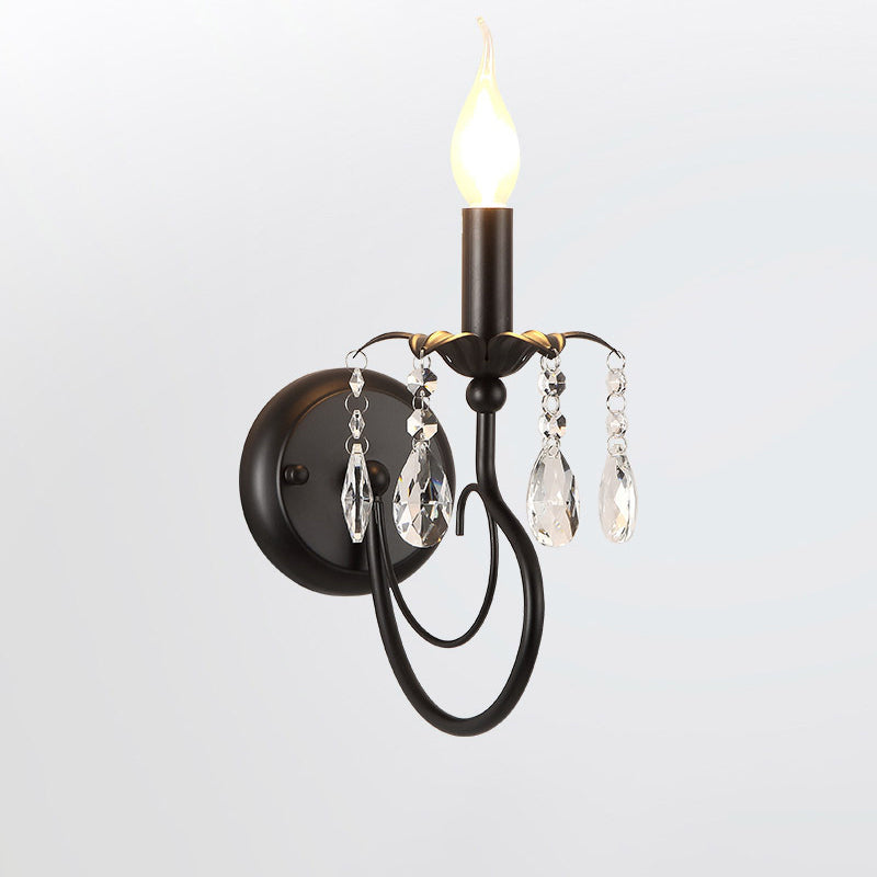 Skørter | Single-Lamp Candle Wall Lamp Farmhouse Black Metal Wall Light with Crystal Branch