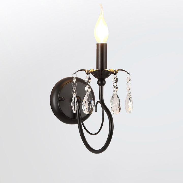 Skørter | Single-Lamp Candle Wall Lamp Farmhouse Black Metal Wall Light with Crystal Branch