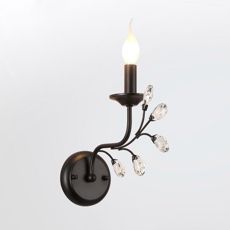 Skørter | Single-Lamp Candle Wall Lamp Farmhouse Black Metal Wall Light with Crystal Branch