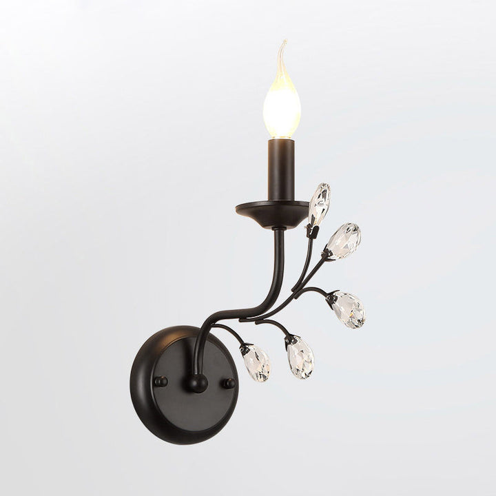Skørter | Single-Lamp Candle Wall Lamp Farmhouse Black Metal Wall Light with Crystal Branch