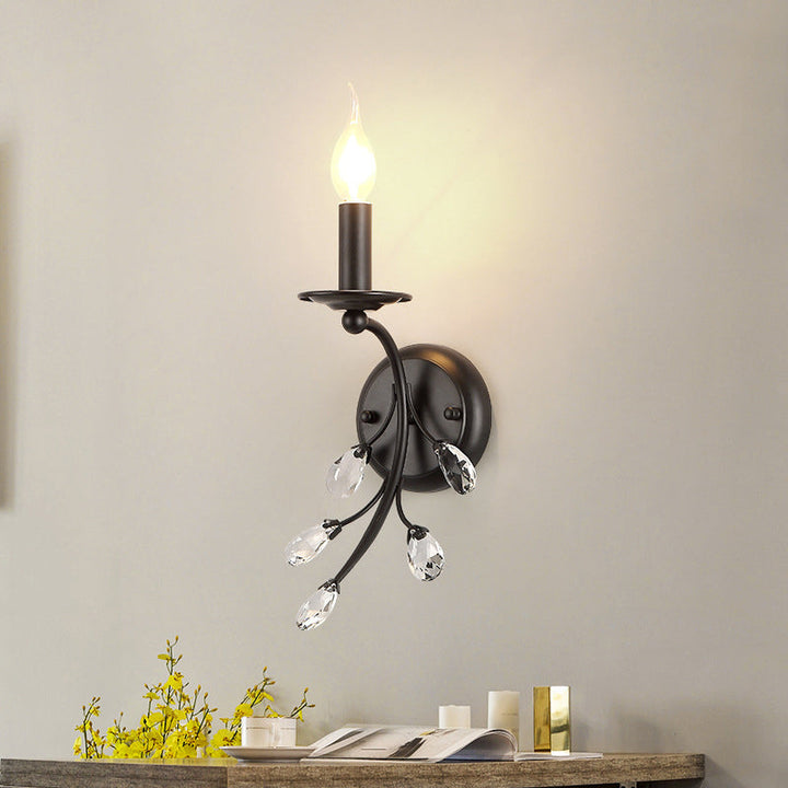 Skørter | Single-Lamp Candle Wall Lamp Farmhouse Black Metal Wall Light with Crystal Branch