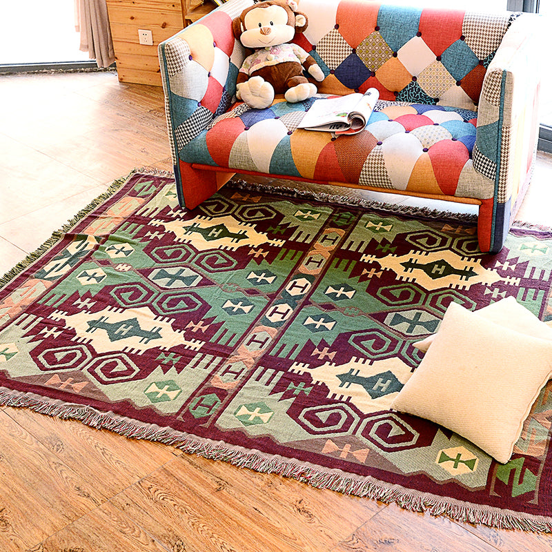 Lisslune | Retro Country Style Carpet Green Geometric Woven Carpet Pet Friendly Carpet for the Living Room