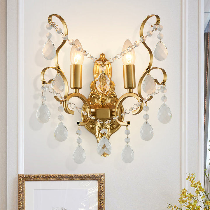 Lisslune | Brass Arch Arm Wall Mounted Light Modernism 1/2 Lights Metal Flush Mount Wall Light with Drop Crystal Decoration