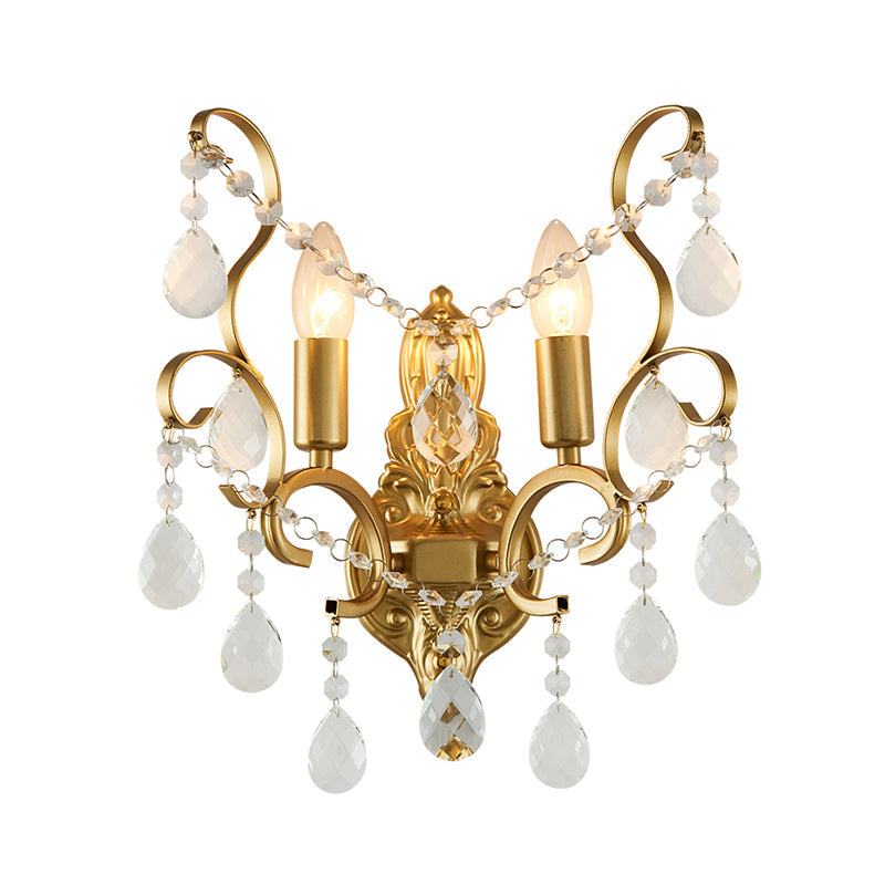 Lisslune | Brass Arch Arm Wall Mounted Light Modernism 1/2 Lights Metal Flush Mount Wall Light with Drop Crystal Decoration
