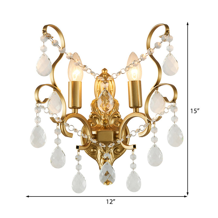 Lisslune | Brass Arch Arm Wall Mounted Light Modernism 1/2 Lights Metal Flush Mount Wall Light with Drop Crystal Decoration
