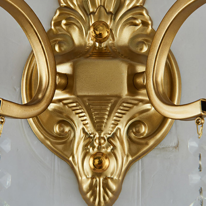 Lisslune | Brass Arch Arm Wall Mounted Light Modernism 1/2 Lights Metal Flush Mount Wall Light with Drop Crystal Decoration
