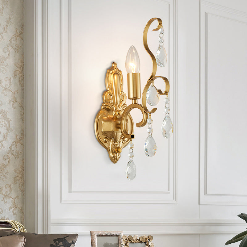 Lisslune | Brass Arch Arm Wall Mounted Light Modernism 1/2 Lights Metal Flush Mount Wall Light with Drop Crystal Decoration