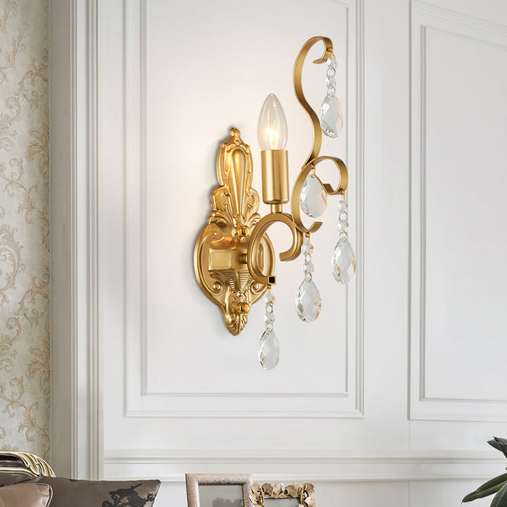 Lisslune | Brass Arch Arm Wall Mounted Light Modernism 1/2 Lights Metal Flush Mount Wall Light with Drop Crystal Decoration