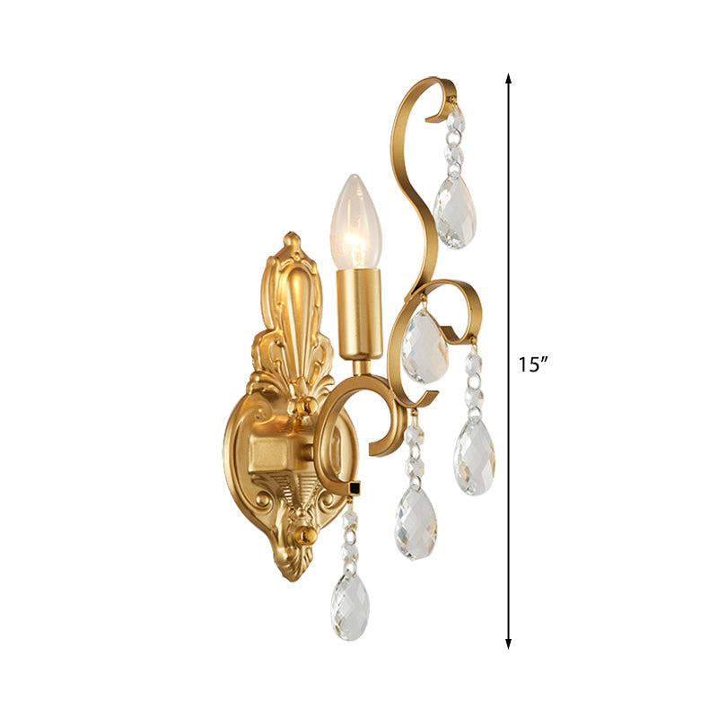 Lisslune | Brass Arch Arm Wall Mounted Light Modernism 1/2 Lights Metal Flush Mount Wall Light with Drop Crystal Decoration