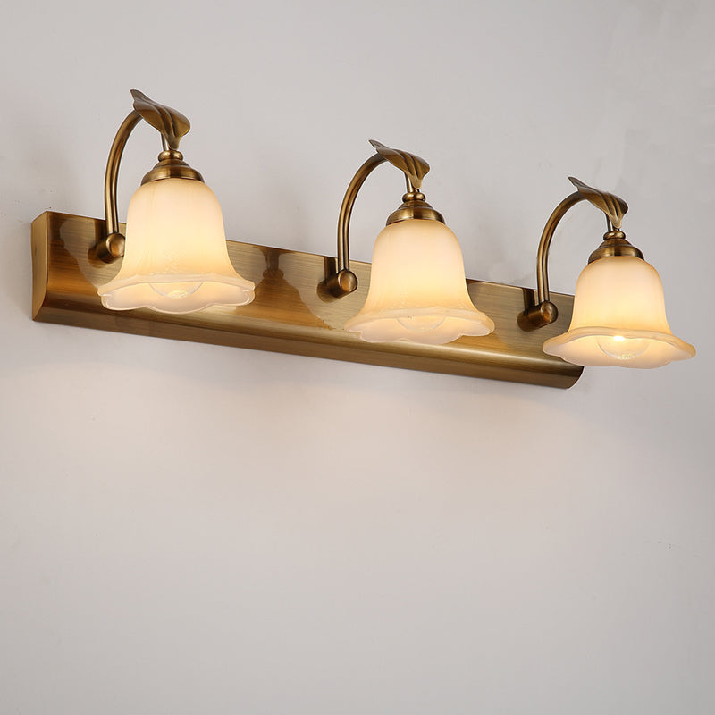 Skørter | 1/2/3 Lights Frosted Glass Vanity Light Traditional Brass Flare Bedroom Wall Lamp with Gooseneck Arm