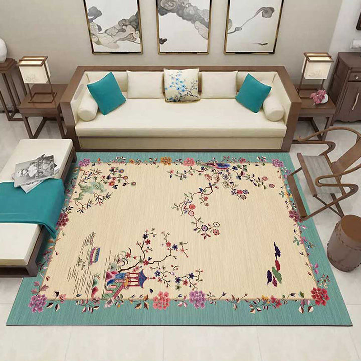 Lisslune | Glamour Drawing Print Rug Multicolor Chinoiserie Rug Synthetic Pet Friendly Non-Slip Back Washable Rug for Home