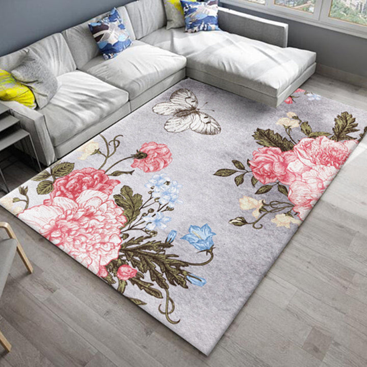 Lisslune | Chic Oriental Rug Polyester Flower Botanical Rug Non-slip Machine Washable Pet-friendly Carpet for Living Room