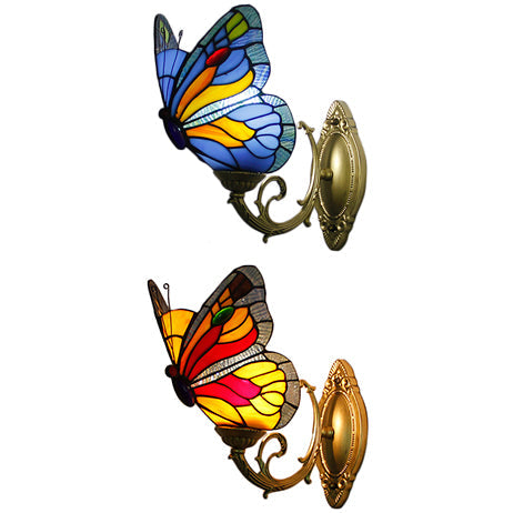Lisslune | Colored Glass Butterfly Wall Lamp Country Style 1 Light Wall Mount Lighting in Red/Blue