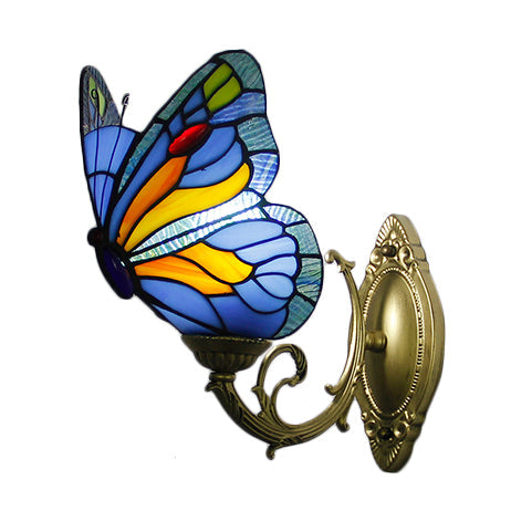 Lisslune | Colored Glass Butterfly Wall Lamp Country Style 1 Light Wall Mount Lighting in Red/Blue