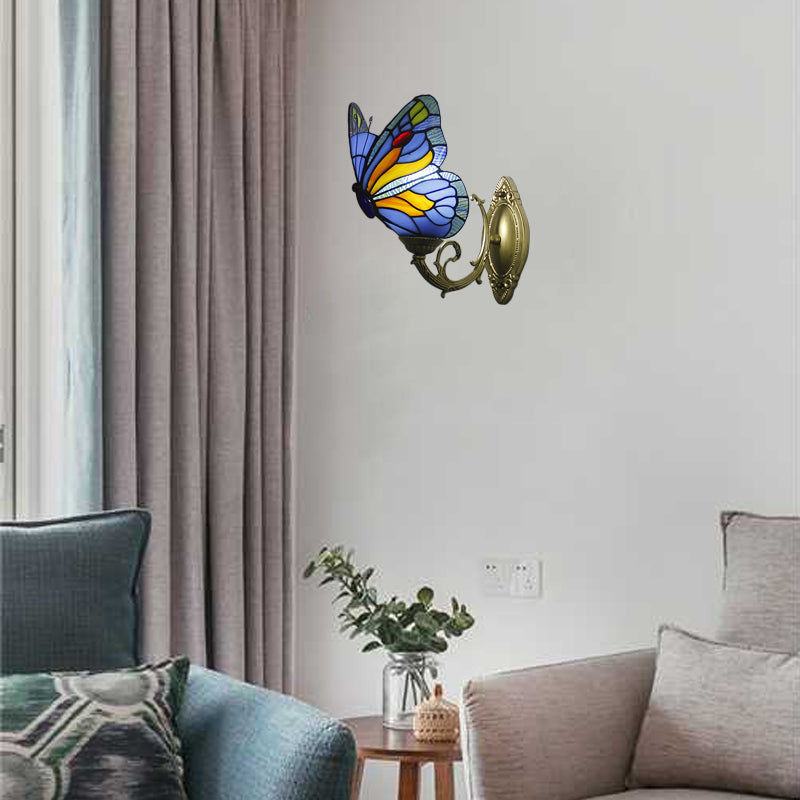 Lisslune | Colored Glass Butterfly Wall Lamp Country Style 1 Light Wall Mount Lighting in Red/Blue