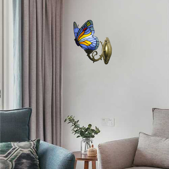 Lisslune | Colored Glass Butterfly Wall Lamp Country Style 1 Light Wall Mount Lighting in Red/Blue