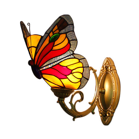 Lisslune | Colored Glass Butterfly Wall Lamp Country Style 1 Light Wall Mount Lighting in Red/Blue