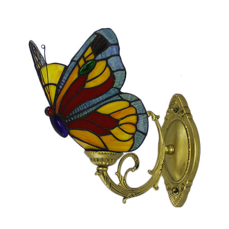 Lisslune | Colored Glass Butterfly Wall Lamp Country Style 1 Light Wall Mount Lighting in Red/Blue