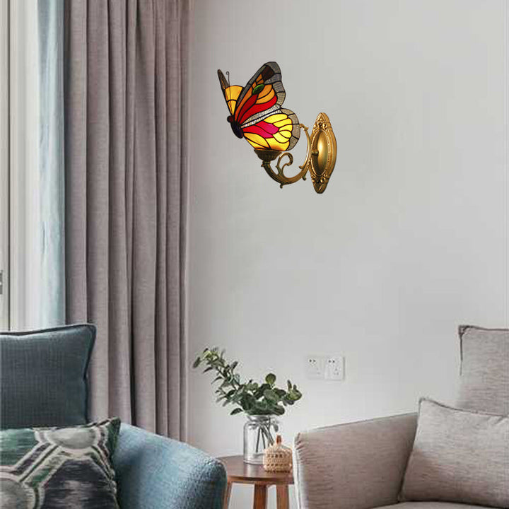 Lisslune | Colored Glass Butterfly Wall Lamp Country Style 1 Light Wall Mount Lighting in Red/Blue