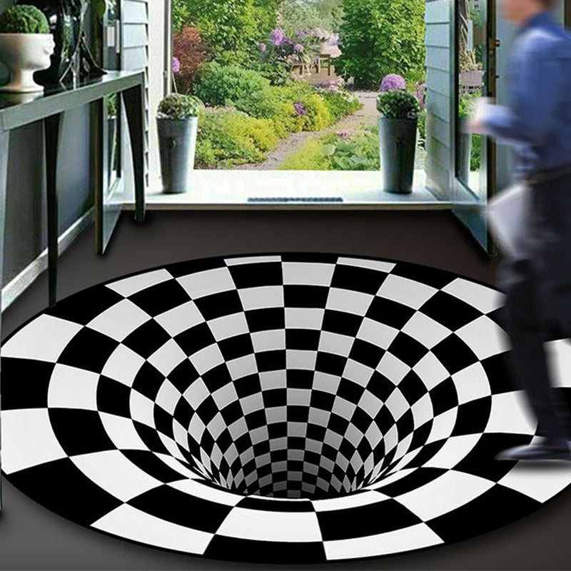 Lisslune | Black-White Creative Carpet Polyester Optical Illusions Vortex Area Rug Pet Friendly Washable Non-Slip Rug for Hall